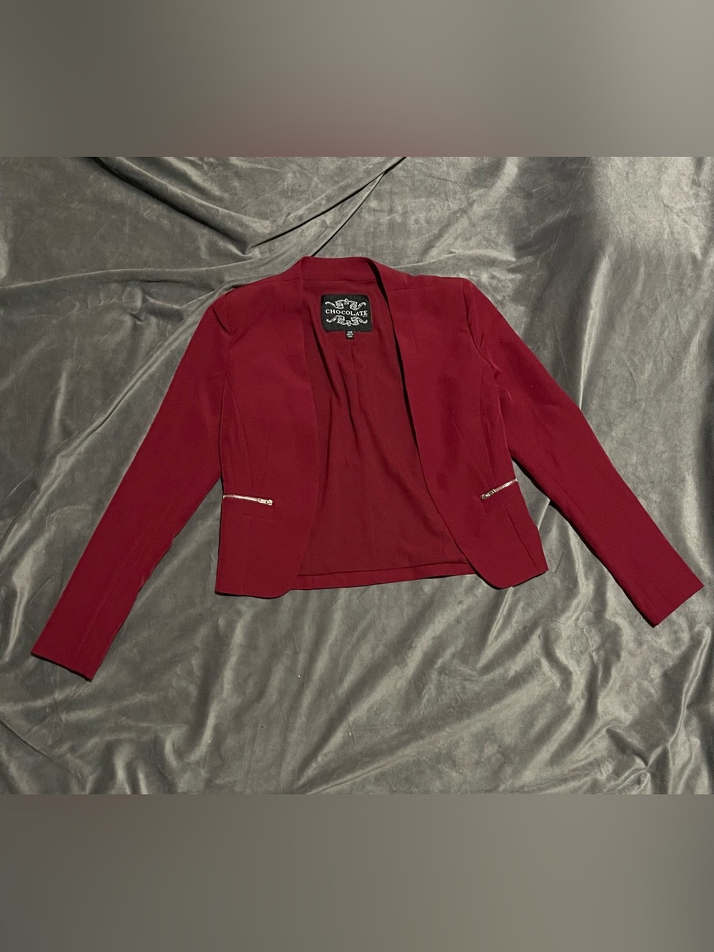 Chocolate Women's Burgundy Open-Front Blazer with Zipper Accents
